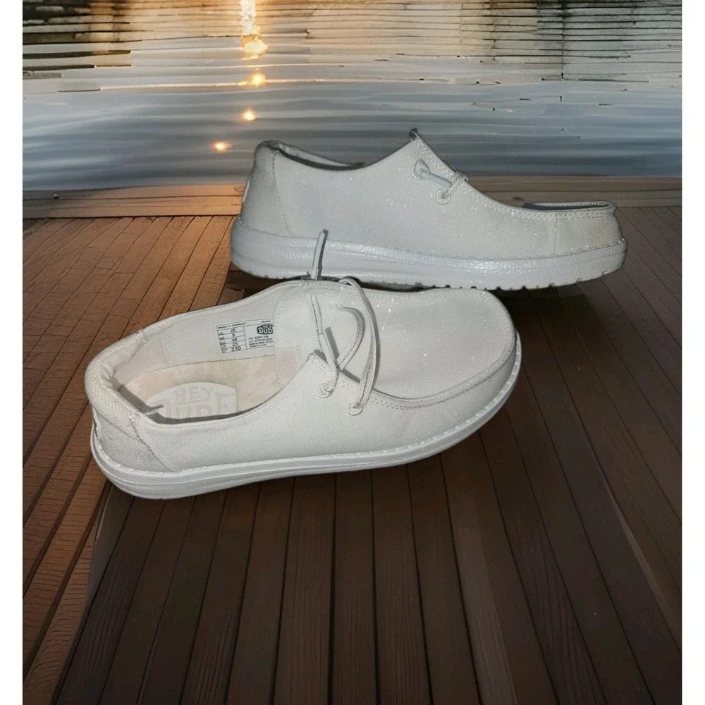 Hey Dude Wendy Y Stardust WHITE Women's Loafer Glitter Slip On Size J5 Womans 7